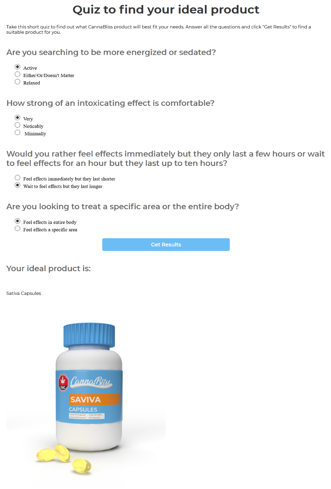 One of the pages on the website is for a short quiz to help customers find their ideal product